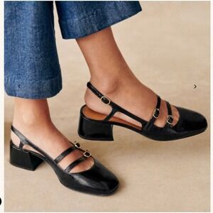 Sezane Paula Babies Black Patent Leather Triple Strap Slingback Block Heel EU 39